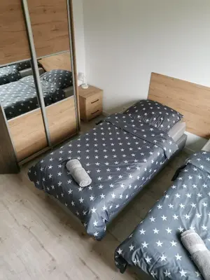 Łóżko lub łóżka w pokoju w obiekcie Apartamenty pod Jagodną