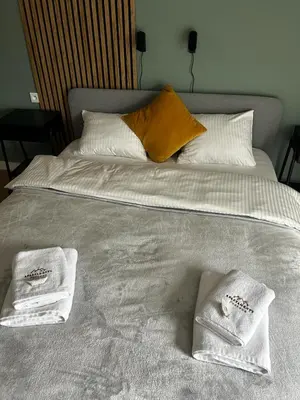 Łóżko lub łóżka w pokoju w obiekcie Apartamenty Parkowa - Kamień Śląski