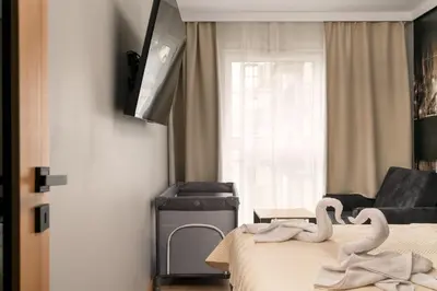 Telewizja i/lub zestaw kina domowego w obiekcie Jesionowe Apartamenty Ashwood Apartments Widok na Odrę 1,4 km od Rynku Parking Podziemny w Cenie Klimatyzacja Sauna w 1 Apt River Oder view 1,4 km Market Square Underground parking Balcony Air conditioning