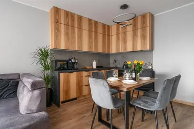 Kuchnia lub aneks kuchenny w obiekcie Jesionowe Apartamenty Ashwood Apartments Widok na Odrę 1,4 km od Rynku Parking Podziemny w Cenie Klimatyzacja Sauna w 1 Apt River Oder view 1,4 km Market Square Underground parking Balcony Air conditioning