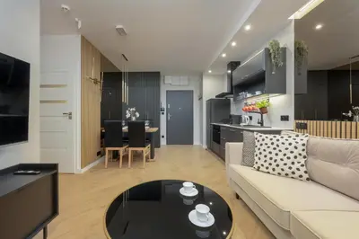 Telewizja i/lub zestaw kina domowego w obiekcie Black and Beige Apartment with Balcony and Parking in Wrocław by Noclegi Renters