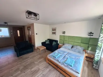 Łóżko lub łóżka w pokoju w obiekcie Apartament z tarasem nad strumykiem