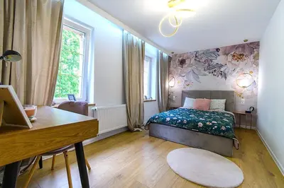 Łóżko lub łóżka w pokoju w obiekcie Apartament Śląski Szczawno-Zdrój 46m, Książ kuchnia klimatyzacja Wifi Parking