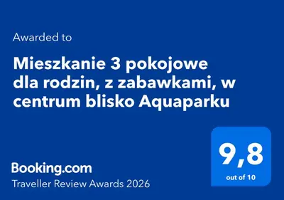 Certyfikat, podpis lub inny dokument wystawiony w obiekcie Mieszkanie 3 pokojowe dla rodzin, z zabawkami, w centrum blisko Aquaparku
