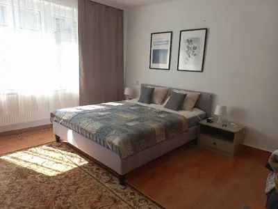 Łóżko lub łóżka w pokoju w obiekcie mieszkanie Tarnowskie Gory obok biblioteki Boleslawa Lubosza