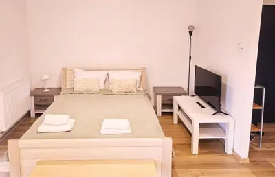 Łóżko lub łóżka w pokoju w obiekcie Justinrent Żołnierska 12
