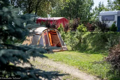 Ogród w obiekcie Camping Forteca, parcele kempingowe nad wodą, z własnym namiotem lub przyczepą