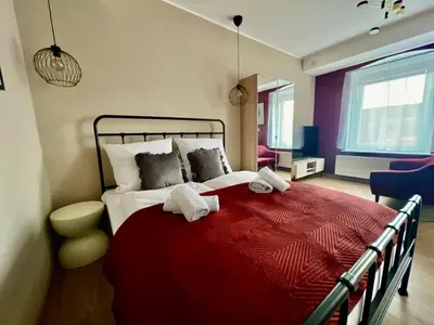 Łóżko lub łóżka w pokoju w obiekcie Apartament Czerwone Wino 100m od Szczawno-Zdrój