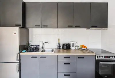 Kuchnia lub aneks kuchenny w obiekcie Black Apartment- Modern Studio in the City Center!