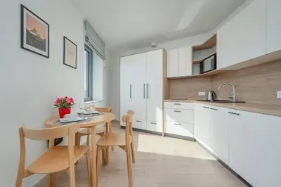 Kuchnia lub aneks kuchenny w obiekcie Air-conditioned Modern Studio with Parking in the Centre of Wroclaw by Noclegi Renters