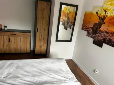 Łóżko lub łóżka w pokoju w obiekcie Loft Apartments Bielawa 