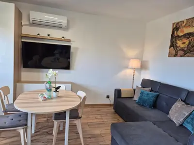 Telewizja i/lub zestaw kina domowego w obiekcie Apartament Kozielska z balkonem, klimatyzacja, darmowy Parking