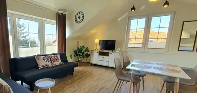 Telewizja i/lub zestaw kina domowego w obiekcie Villa Sjesta komfortowe apartamenty, prywatny parking, gratis parking w centrum miasta