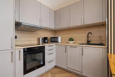 Kuchnia lub aneks kuchenny w obiekcie Modern Apartment with Air Conditioning & Workspace in Gliwice by Noclegi Renters