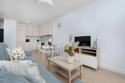 Telewizja i/lub zestaw kina domowego w obiekcie Michalczyka Wrocław Modern Apartment with Parking and Balcony next to the Odra River by Noclegi Renters
