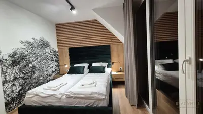 Łóżko lub łóżka w pokoju w obiekcie Black Hill Pod Zieleńcem Apartament AURORA GOLD Nr3 z Sauną