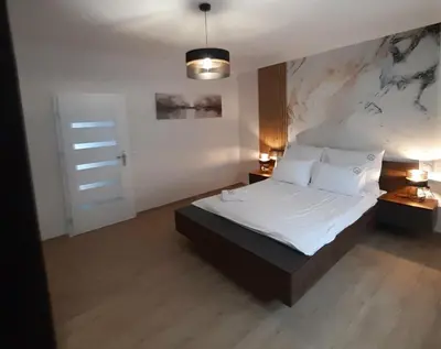 Łóżko lub łóżka w pokoju w obiekcie Apartament w Czarnowąsach 3