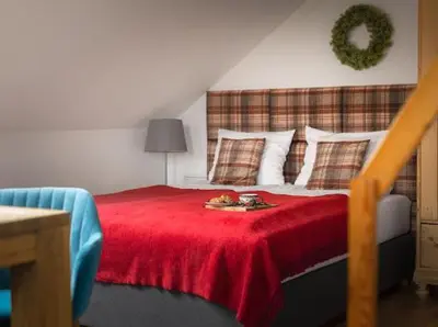 Łóżko lub łóżka w pokoju w obiekcie Apartamenty U Harrego I Przy Stawie Spa z klimatyzacją, balia, sauna, ogrodem i parkingiem