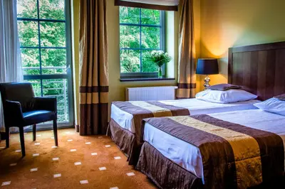 Łóżko lub łóżka w pokoju w obiekcie Hotel Nowy Dwór Elizy blisko Sky Bridge