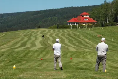 Zaplecze golfowe tego domu w stylu alpejskim lub w pobliżu
