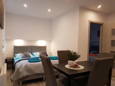Łóżko lub łóżka w pokoju w obiekcie Apartamenty u Sikory