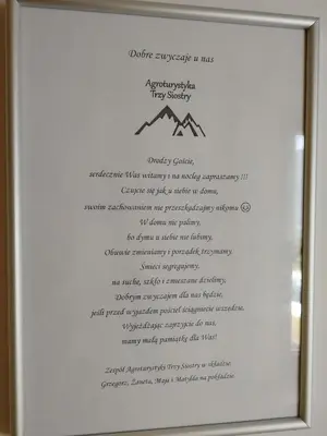 Certyfikat, podpis lub inny dokument wystawiony w obiekcie Agroturystyka Trzy Siostry