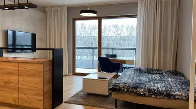 Telewizja i/lub zestaw kina domowego w obiekcie Apartament studio z widokiem na Odrę Bulwary Książęce
