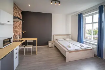 Łóżko lub łóżka w pokoju w obiekcie Black & White Vision Apartment - Centrum