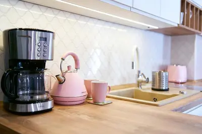 Kuchnia lub aneks kuchenny w obiekcie LAGUNA 22 Apartament Różowy