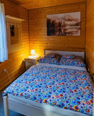Łóżko lub łóżka w pokoju w obiekcie Drewniany Domek Daria i Tomek 2 domki na 8 osób