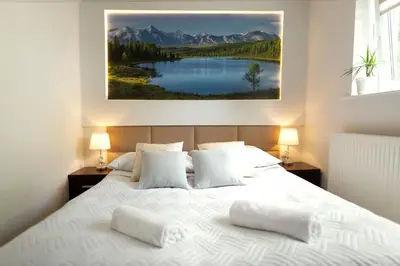 Łóżko lub łóżka w pokoju w obiekcie APARTAMENTY VILLA PIGMALION - sauna, jacuzzi, parking, ogród