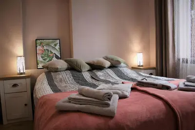 Łóżko lub łóżka w pokoju w obiekcie Apartamenty Zielone Centrum