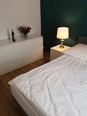 Łóżko lub łóżka w pokoju w obiekcie Apartamenty Lawendowy Zakątek 4