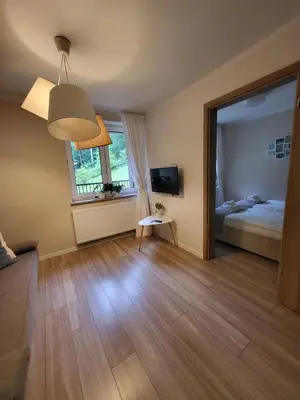 Łóżko lub łóżka w pokoju w obiekcie Apartamenty Willove Wzgórze