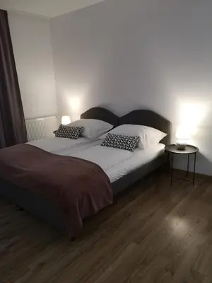 Łóżko lub łóżka w pokoju w obiekcie Apartamenty Lawendowy Zakątek 5