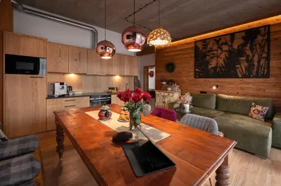 Kuchnia lub aneks kuchenny w obiekcie APARTAMENTY U HARREGO BOUTIQUE SPA masaże, sauna, tężnia solankowa , balkon , taras , klimatyzacja , parking