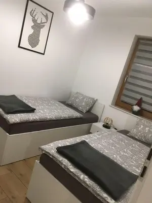 Łóżko lub łóżka w pokoju w obiekcie Apartamenty Black&White Lubawka - Domek z ruską banią i sauną