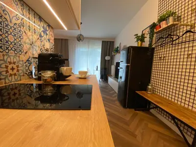 Kuchnia lub aneks kuchenny w obiekcie Uroczy apartament Art Marina z widokiem na rzekę i bezpłatnym parkingiem