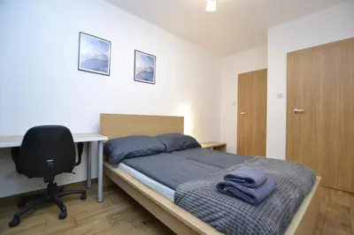 Łóżko lub łóżka w pokoju w obiekcie Apartament SZMARAGDOWY z garażem Centrum Gliwic-Klimatyzacja