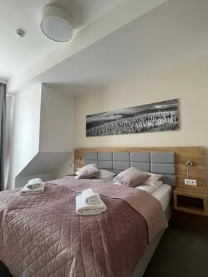 Łóżko lub łóżka w pokoju w obiekcie Aparthotel Apartamenty Czarna Góra 414