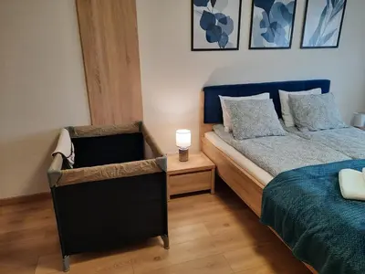 Łóżko lub łóżka w pokoju w obiekcie Chabrowa Apartamenty 1