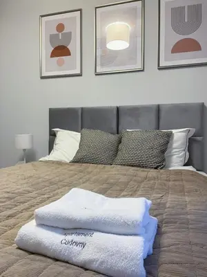 Łóżko lub łóżka w pokoju w obiekcie Apartament Cudovny z własnym ogródkiem i miejscem parkingowym w garażu