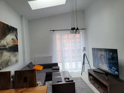 Telewizja i/lub zestaw kina domowego w obiekcie Apartament w Starym Mlynie Loft Różanka