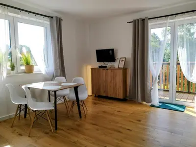 Telewizja i/lub zestaw kina domowego w obiekcie nowy Klimatyczny apartament z balkonem - Willa Sowia